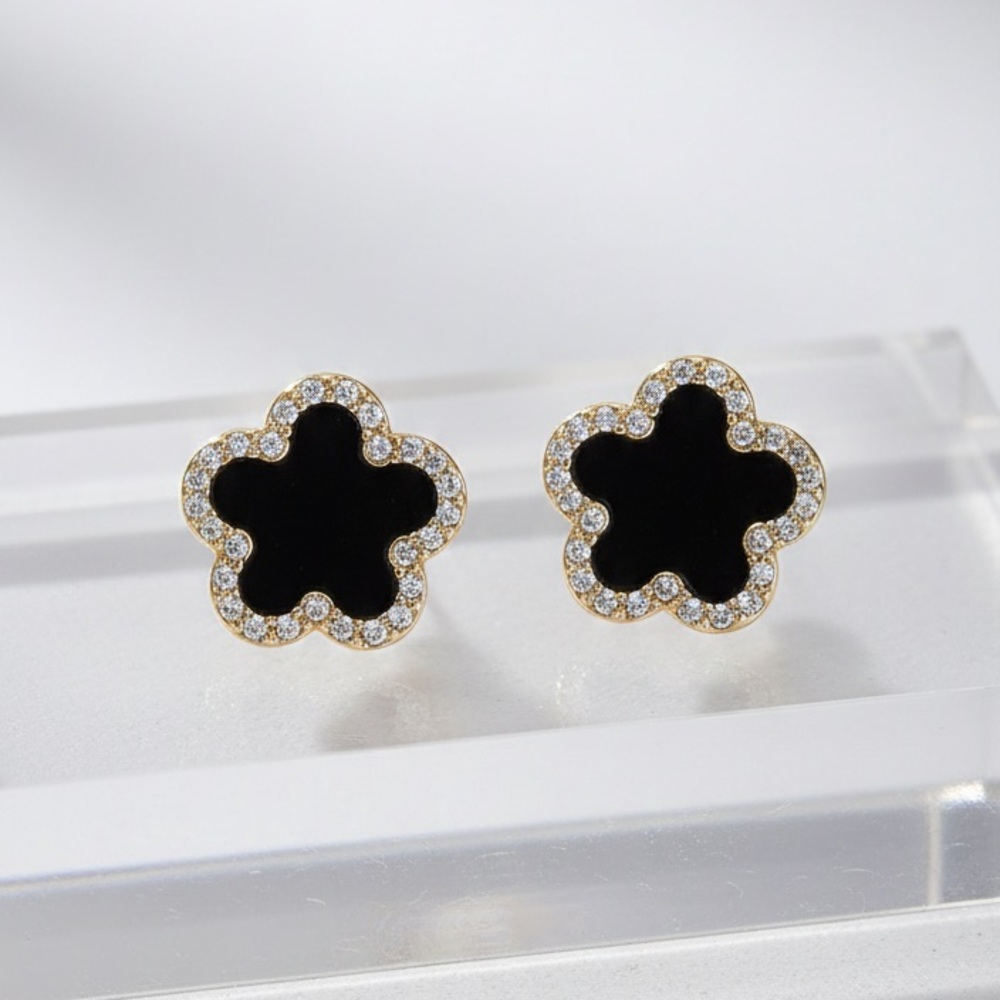 Black Enamel Clover Stud Earrings - Gold Tone & Crystal Halo